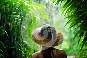 woman with straw hat standing in tropical forest jungle on rainy day. rain season. rear view