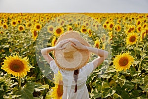 woman in a straw hat in a white dress back view of a field of sunflowers sunny day