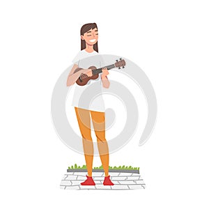 Woman Street Musician Character Playing Ukulele, Live Performance Concept Cartoon Style Vector Illustration