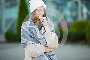 Woman stress. Beautiful sad desperate woman in winter coat suffering depression