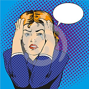 Woman in stress and crying. Vector illustration in comic retro pop art style