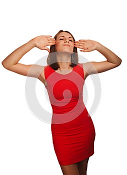 Woman stress headaches put his head red dress