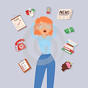 Woman in stress and panic vector illustration. Lady surrounded by calendar, shedule, brain storm and money problems