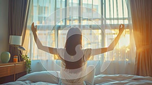 The woman stretching in bed. AI generated