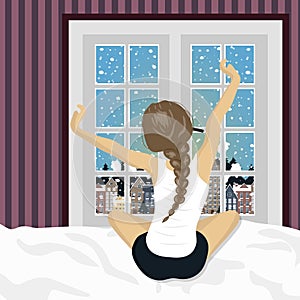Woman stretching in bed after wake up. Concept for holidays and vacations. Winter scenery. Flat vector