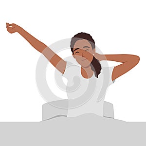 Woman stretching in bed after waking up, entering a day happy and relaxed after good night sleep