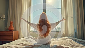 The woman stretching in bed. AI generated