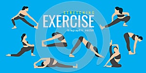 Woman Stretching exercises. Active and healthy life concept. vector illustration. on blue background. icons of girl doing sport
