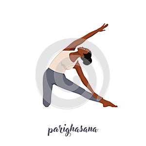 Woman stretching in Gate exercise, Parighasana pose, working out