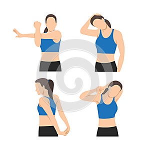 Woman stretching her neck, arms and shoulders. hand.