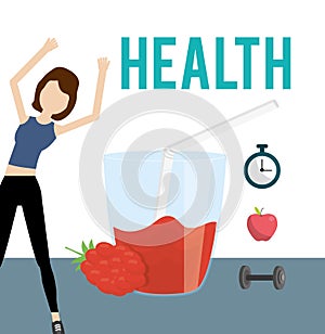 Woman stretching and strawberry juice chronometer barbell health food