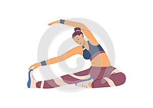 Woman stretching during yoga or sport workout flat vector illustration isolated.