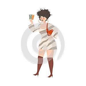Woman in Striped Dress and Heeled Boots Waiting or Standing in Queue or in Line for Nightclub Vector Illustration