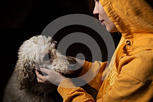 A woman stroking a dog - a large royal poodle in the dark. Pet, human-dog interaction