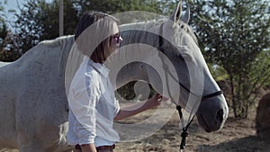 Woman stroking horse. Woman with white horse enjoying nature. Love and friendship concept.