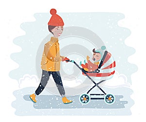 Woman with stroller going for a walk in a during lovely winter.young mother pushing baby trolley