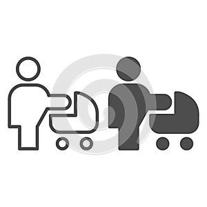 Woman with stroller line and solid icon. Mother with baby pram or carriage symbol, outline style pictogram on white