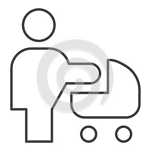 Woman with stroller thin line icon. Mother with baby pram or carriage symbol, outline style pictogram on white