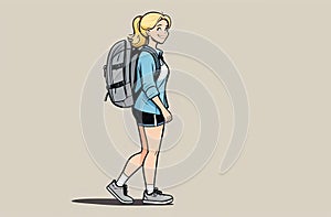 A woman is strolling with a backpack strapped on her back