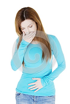 Woman with strong pain of stomach and nausea