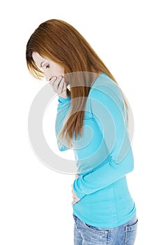 Woman with strong pain of stomach and nausea photo