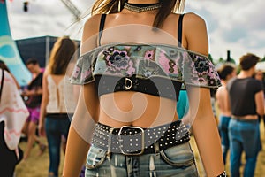 woman in a studded leather belt and flowy top at a music festival