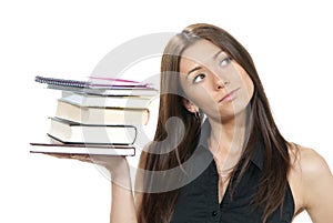 Woman student hold books, textbooks