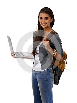 Woman, student and laptop in studio portrait, backpack and ready for online learning on technology. Indian female person