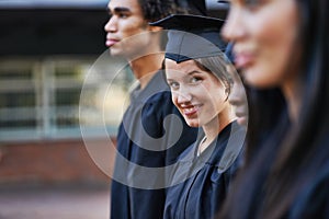 Woman, student and portrait at graduation, education and university success or achievement. Happy female person, smile
