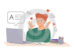 Woman student studies English language. Online education concept. Flat vector illustration