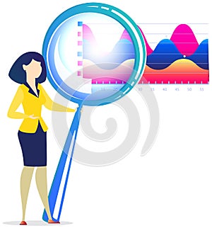 Woman studies statistics on presentation. Female character while working or studying with report