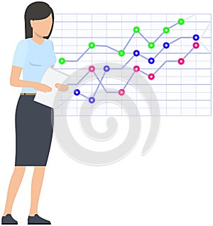 Woman studies statistics on presentation. Female character while working or studying with report