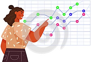 Woman studies statistics on presentation. Female character while working or studying with report