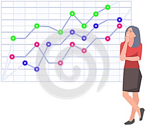 Woman studies statistics on presentation. Female character while working or studying with report