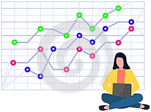 Woman studies statistics on presentation. Female character while working or studying with report