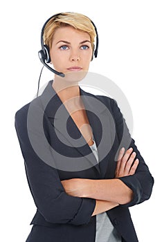 Woman in studio, call center or manager with arms crossed in customer service or telemarketing. White background