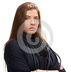 Woman, studio and portrait with fashion, serious and attitude with natural confidence. Model, face and style with norway