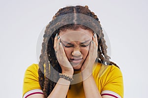 Woman, studio and stress with brain fog, burnout and anger at mistake or fail. Model, distressed or upset with problem