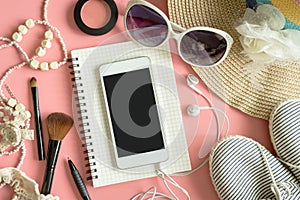 Woman stuff, makeup, cellphone and accessories