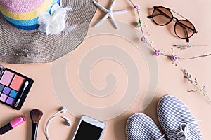 Woman stuff, makeup, cellphone and accessories