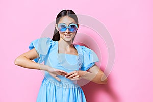 woman style colourful studio model blue fashion dress young beautiful pink