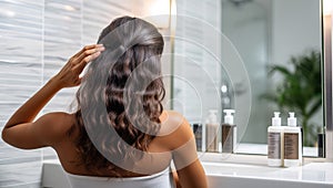 Woman styling her hair in bathroom