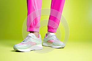 Woman in stylish sneakers near color wall