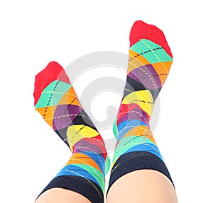 Woman in stylish socks on white background