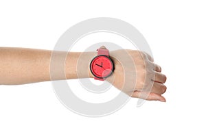 Woman with stylish wrist watch on white background, closeup.