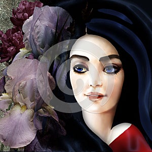 Woman stylized portrait on floral background
