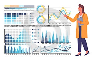 Woman submits a progress report. Character standing at big board pointing on charts and graphs