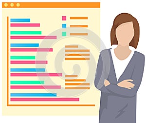 Woman submits progress report standing next to big board pointing on charts and statistical graphs