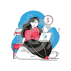 Woman successful freelancer making money working online laptop on comfy couch home office vector