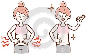 Woman suffering from abdominal pain, improvement illustration set